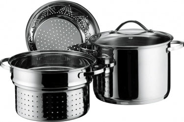 Pastagryta 8 Liter med durkslag, ångkorg, glaslock